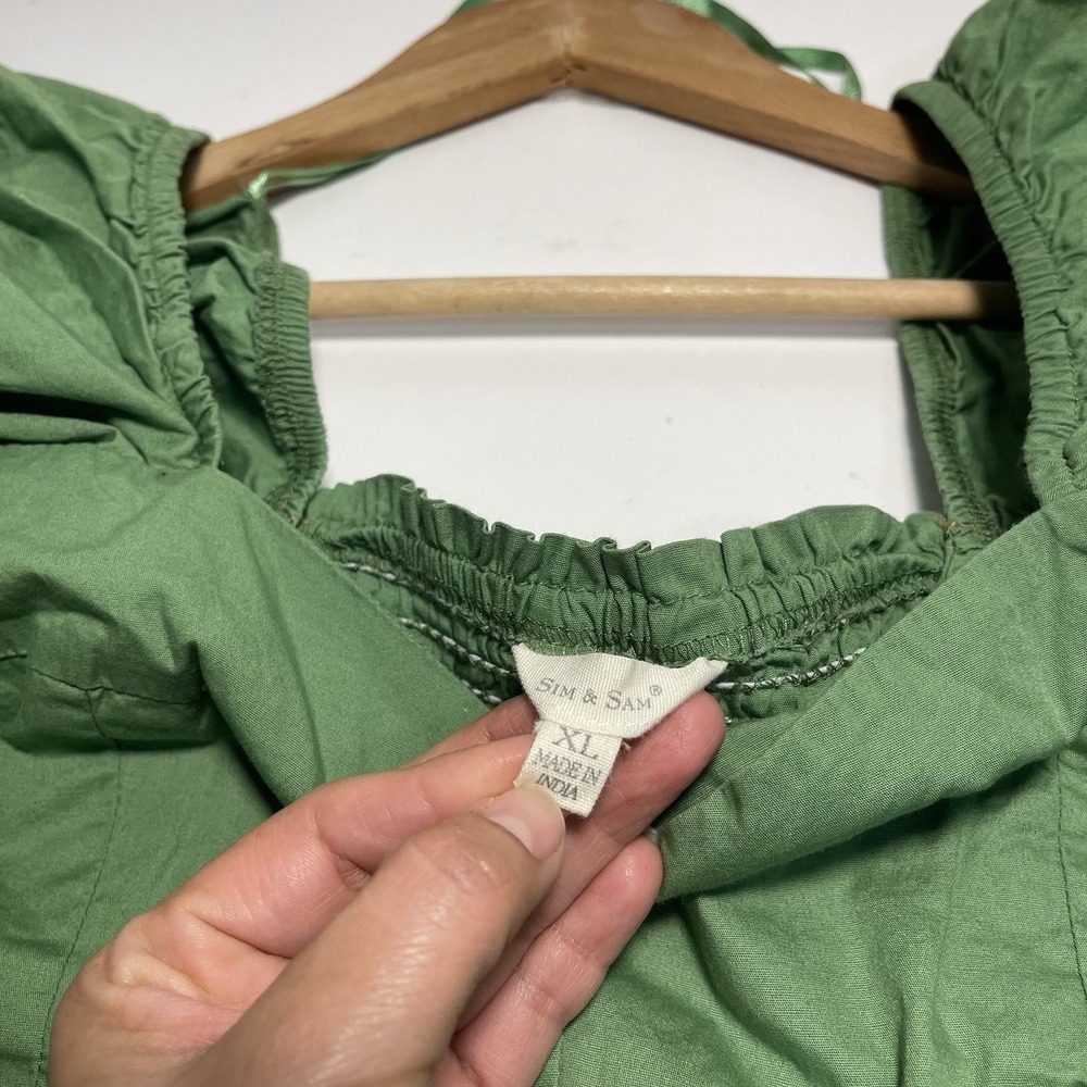 Sim & Sam Mini-Dress Tiered Smocked Fairy Babydoll Puff Sleeve XL Cotton Green - Picture 9 of 11